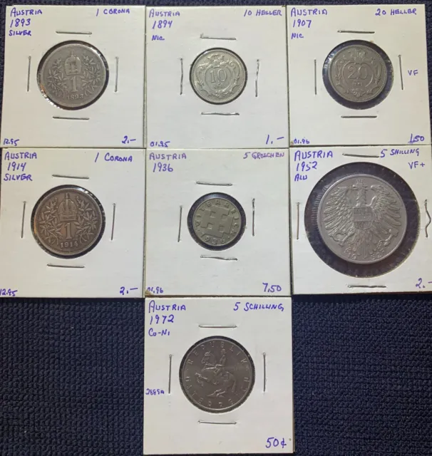 Lot of 7 Austria coins 1893 - 1972 1 Corona 10 & 20 Heller 5 Groschen 5 Shilling