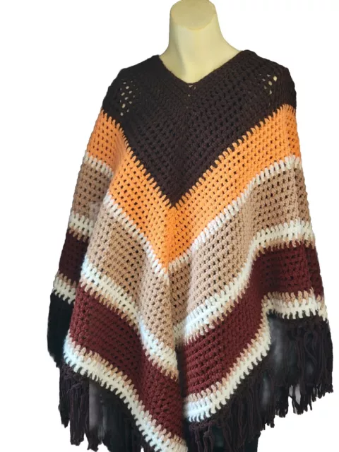 VINTAGE PONCHO SHAWL Knit Cape Hippie Boho Fringe Fall Stripes Handmade ...