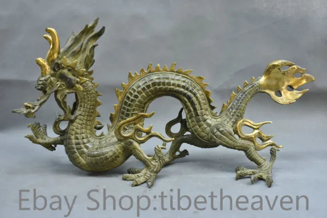 20" Rare Old China Bronze Gilt Feng Shui Dragon Loong Stand Lucky Sculpture