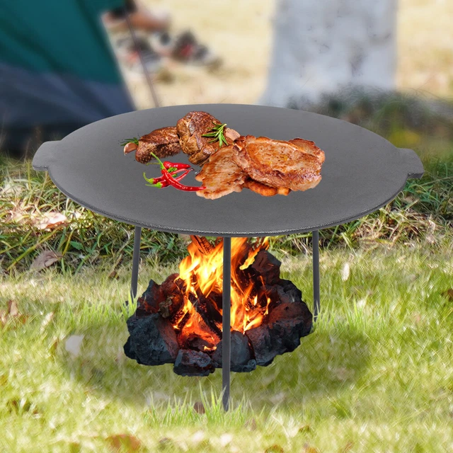 Rund Gusseisen Grillpfanne, 3 Beinen Grillplatte Gusseisen BBQ Pfannen Kochtopf