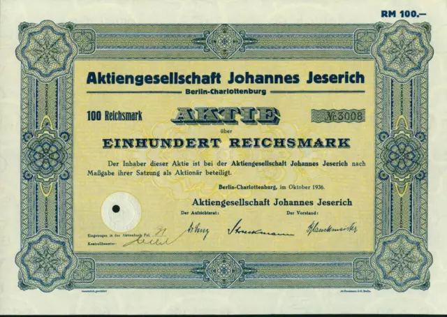 Aktiengesellschaft Johannes Jeserich 1936 100 RM