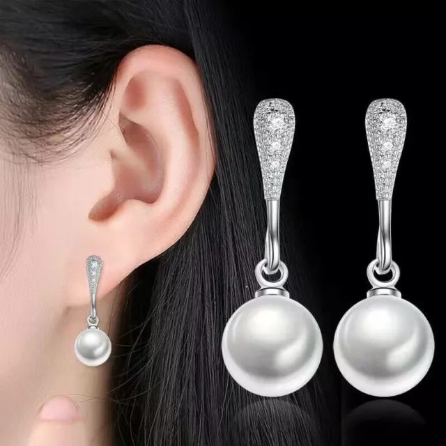 Drop Earrings Pearl Women Silver Plated Jewellery Ear Stud Crystal Bride Gifts