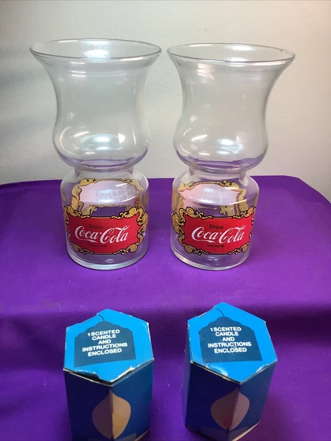 1978 Pair Coca-Cola Coke Libby Hurricane Floating Candle Holders & Candles   178