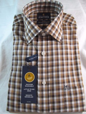 NWT STAFFORD EASY CARE BROADCLOTH DRESS SHIRT Regular Fit, Brown Gingham Check