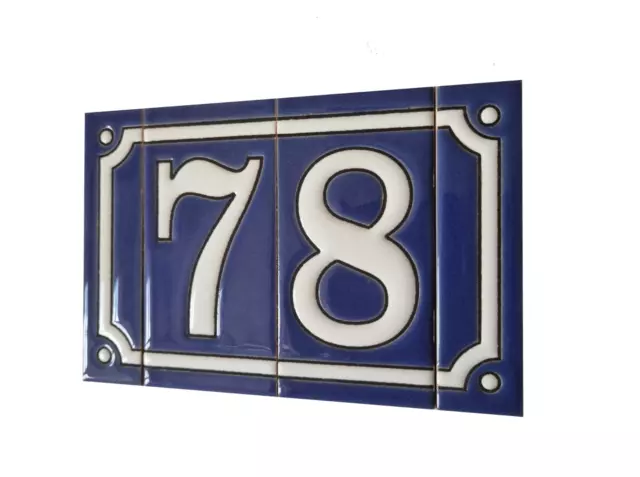 11cm x 5.5cm French Hand-painted Ceramic Blue Number Tiles & Metal Frames