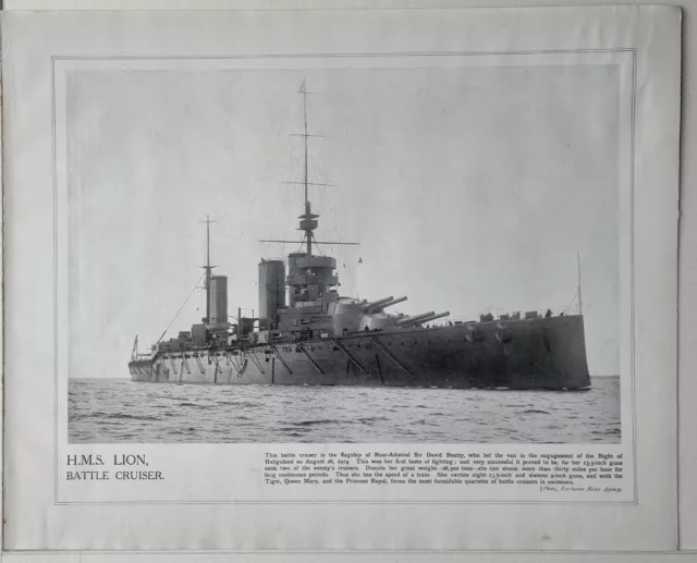 1915 Ww1 Print & Text H.m.s Lion Battle Cruiser Flagship Sir David Beatty