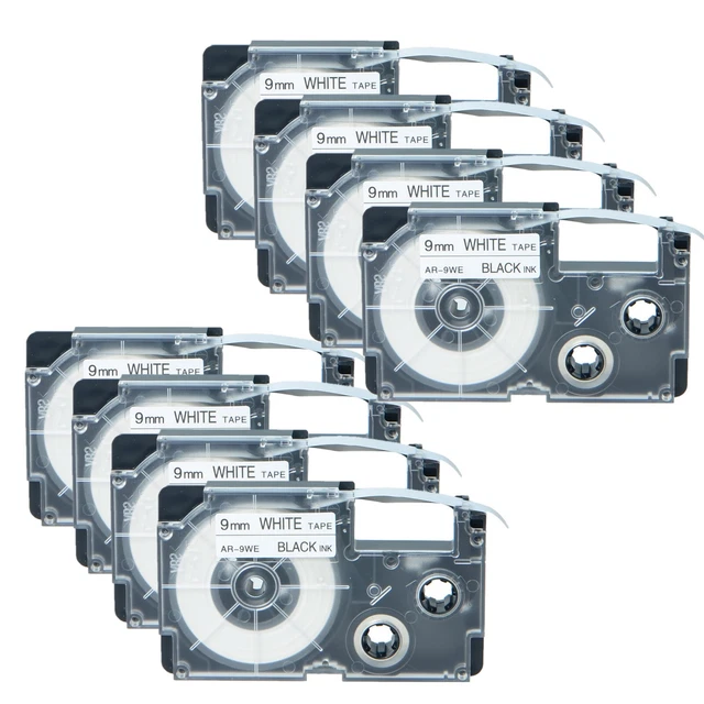 8PK Black on White Tape XR-9WE XR9WE Cartridge for Casio EZ Label Printer 9mm