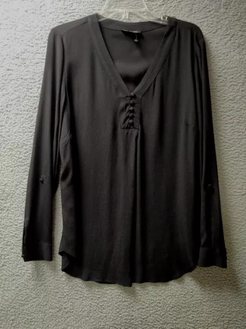 Roz & Ali Womens Shirt Size Large Black Roll Tab Long Sleeve Dressy Blouse Top