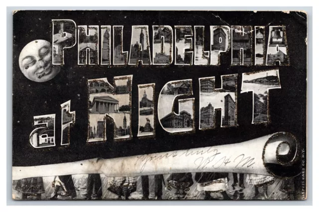 Large Letter Greetings Philadelphia By Night PA UNP UDB Postcard w Micah P26