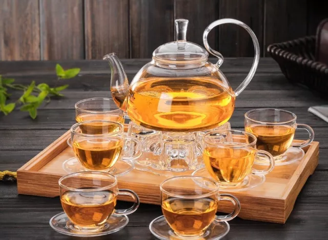 8 Piece Glass Tea Set 600ml Glass High Handle Teapot + Teapot Warmer + 6 Cup