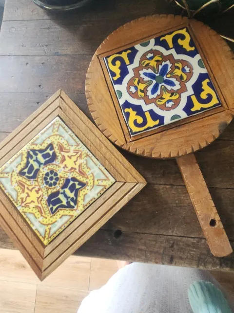 Vintage Wood Framed Dal-Tile Mexico Tile Trivet Hot Plate Blue White Yellow