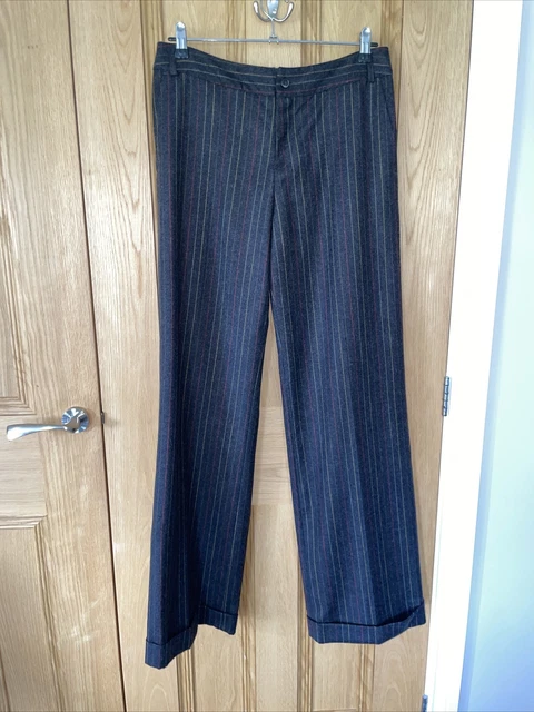 TOAST Wool Stripe Trousers 12 Long Wide Leg High Waisted Grey Turn Up VGC