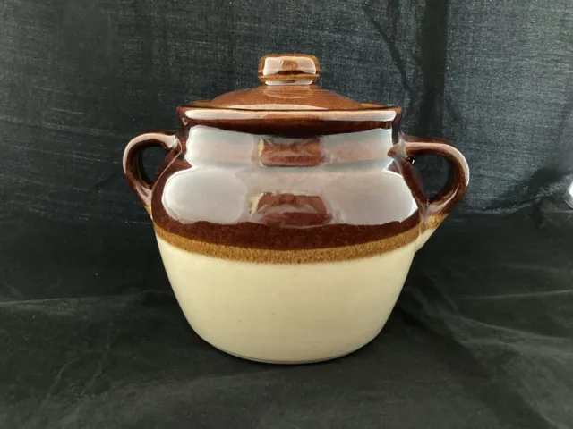 Vintage Monmouth Pottery Stoneware Bean / Crock Pot  Brown and Tan