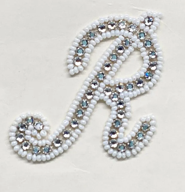 1950s Era Letter “R” Pronged Rhinestone/Pearl Sew-on Patch Garment Applique NOS