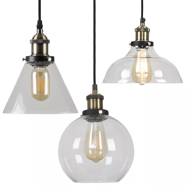 Industrial Ceiling Light Fitting Suspended Pendant Glass Shade LED Filament Bulb