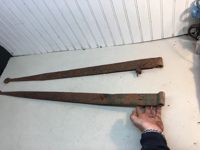 Antique Hand Forged Iron Barn Door Strap Hinges Pair  34” Long x 1.5 in