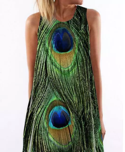 Women Casula Sleeveless Peacock Feather Pattern Printed Short Dress Lady MOON