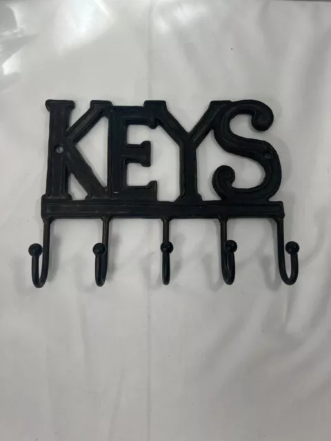 Vintage Cast Iron Wall Mount Key Holder with 5 Metal Hooks "KEYS" 7.5”x6”