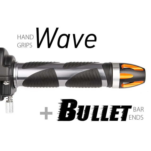 KiWAV Motorcycle Wave Grips Dark Gray with Bullet Bar Ends Orange/Silver