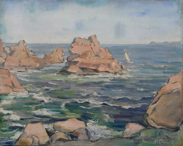 Charles Albert FORGELOT (1876-1975) Voilier Côte de granit rose marine Bretagne