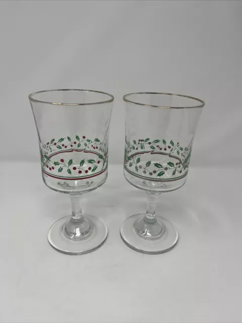 lot of 2 Vintage 1987 Arbys Christmas Holly Berry Glasses Wine Goblet Libbey