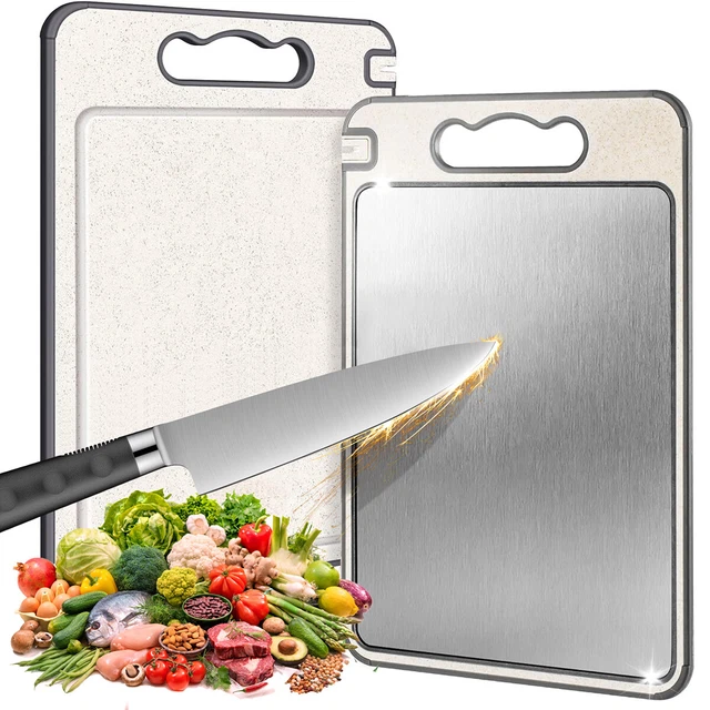 Planche à Découper En Acier Inoxydable 2-en-1 - Côté Viande & Légumes - Anti-Odeur & Hygiénique