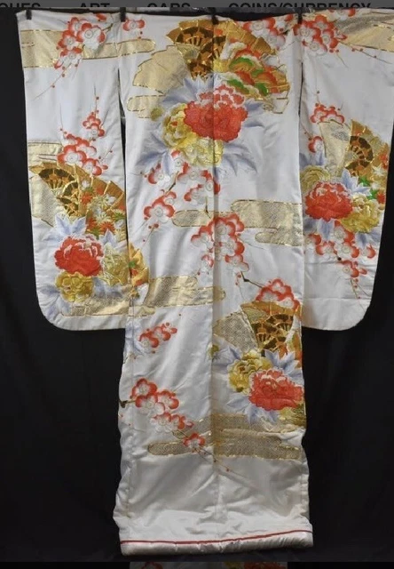 Vintage Kimono Japanese Wedding Robe Silk Embroidery White Gold Phoenix -11