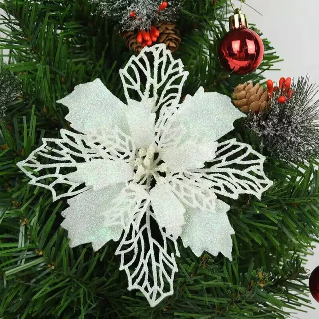 10X Christmas Large Poinsettia Glitter Flower Tree Hanging Party Xmas Gift Decor