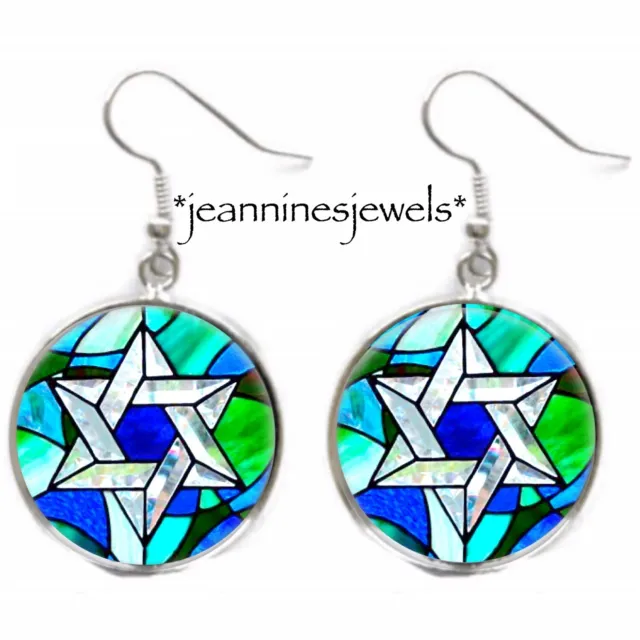Faux Stained Glass Hanukkah Star Of David Earrings Silver Dangle Earrings