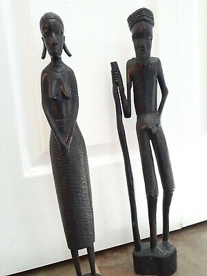 Vtg African Couple Dark Hard Wood Hand Carved Detailed Statues Ebony Tribal Art 2