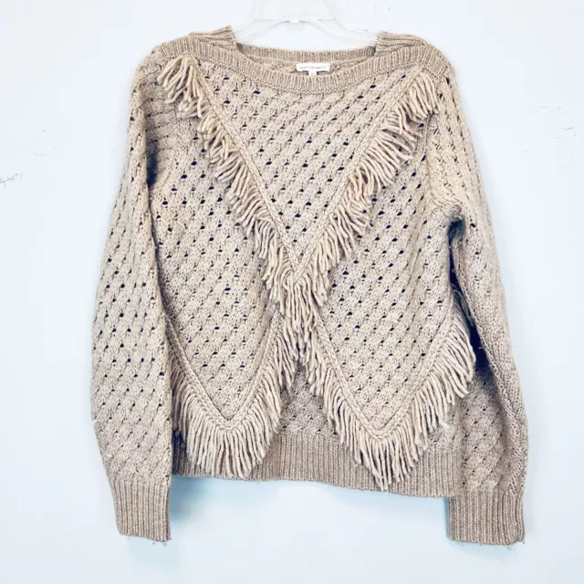 Rebecca Taylor women’s size M beige wool blend fringe knit pullover sweater 3