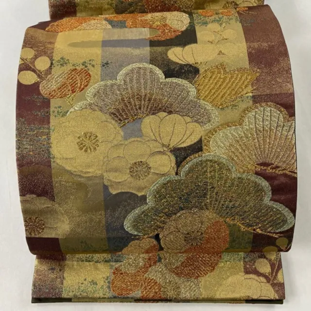 Japanese Kimono Obi Pure Silk Pine Chinese Plum Foil Gold Thread Reddish Brown