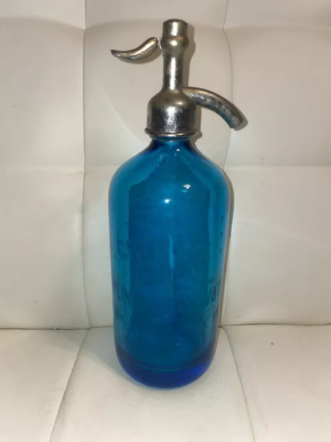 Vintage Aqua Blue Etched Glass Seltzer Bottle Crystal Clear Heavy Old Chatt TN