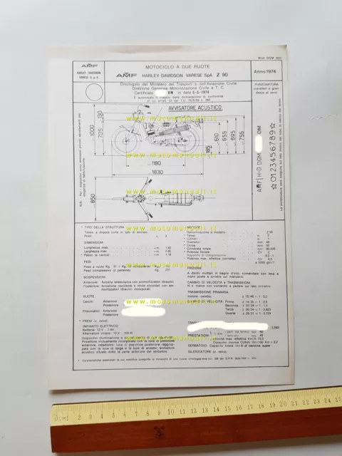 Harley-Davidson Z 90 1974 facsimile scheda omologazione DGM Motorizzazione