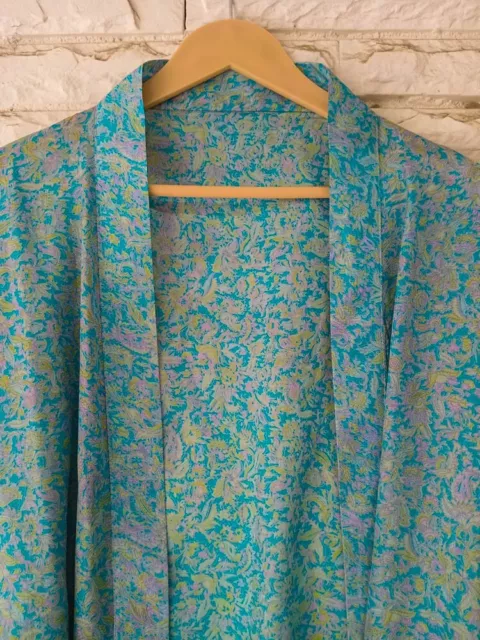 Pure Silk Short Kimono Duster Jacket Cardigan Cape Loose Robe Blue KMS2171