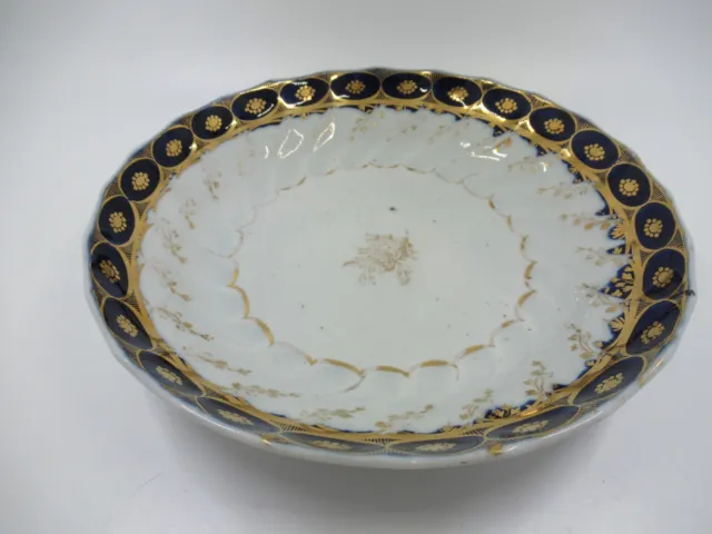 Antique Chamberlain's Worcester spiral fluted low 8" bowl  c1795 Cobalt gilded