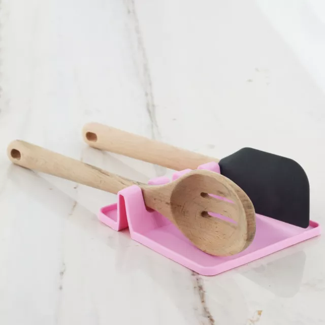 Silicone Utensil Pink Spoon Rest with Drip Pad Multiple Utensils Heat-Resistant