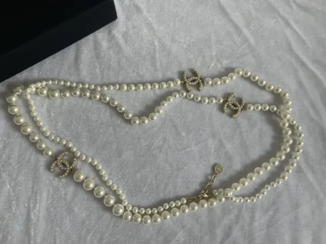 AUTH CHANEL 100TH Anniversary Pearl Necklace 3 CC Logo Chain