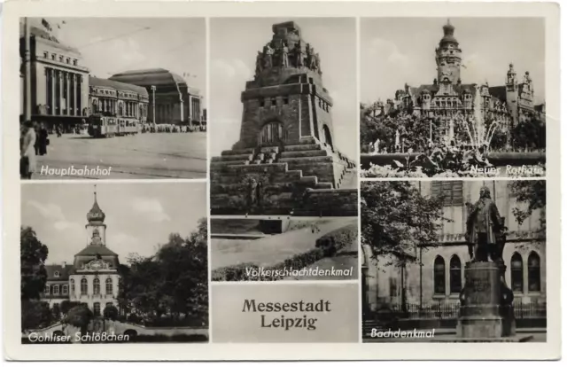 Postkarte - AK 1959 Leipzig Gohliser Schloß Denkmal Rathaus Hauptbahnhof gelauf.