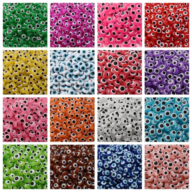 iYOE 50pcs 6/8/10mm Mix Evil Eye Spacer Bead Flat Round Turkish Eye Resin Bea...