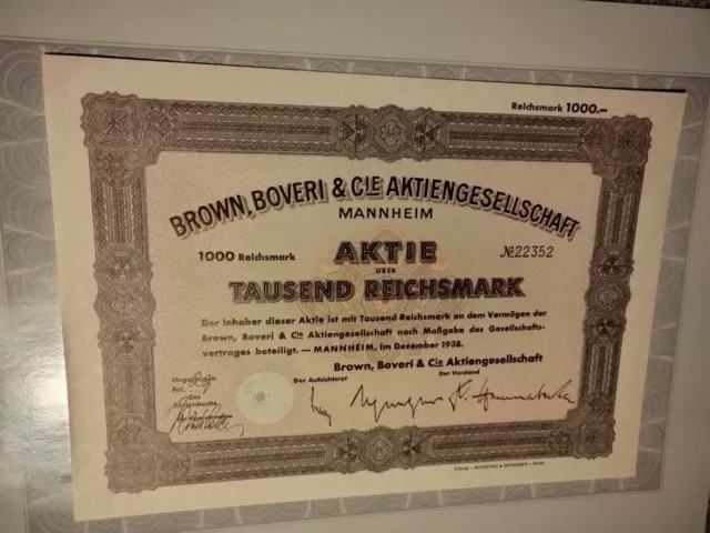 Brown, Boveri & Cie AG Mannheim BBC Aktie 1.000 Mark 1938 der Siemens Konkurrent