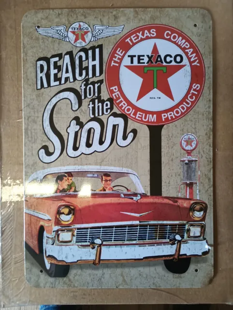 Texaco Reach For The Star  Tin Sign 8"x12” Texas Oil Company New