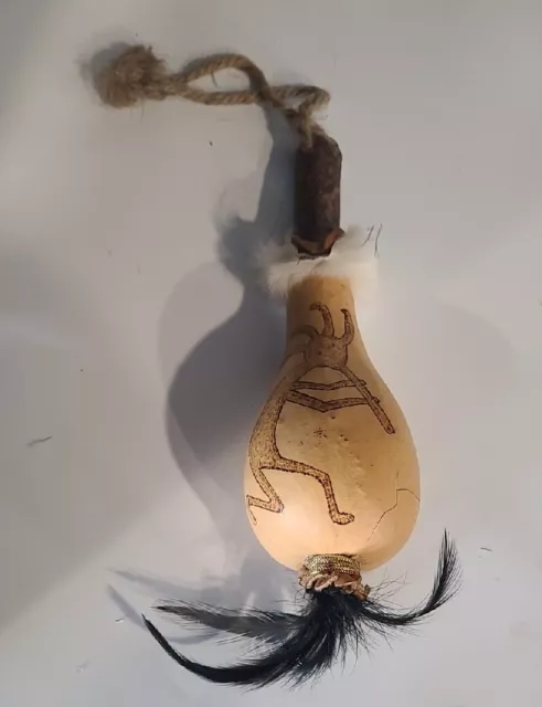 Native American Gourd Dance Rattle Shaker With Feathers, Cracked - See Pictures