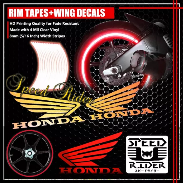 Red Reflective Rim Tape Car Bike Wheel Stripe+Honda Wing Logo Decal 16 17 18 19