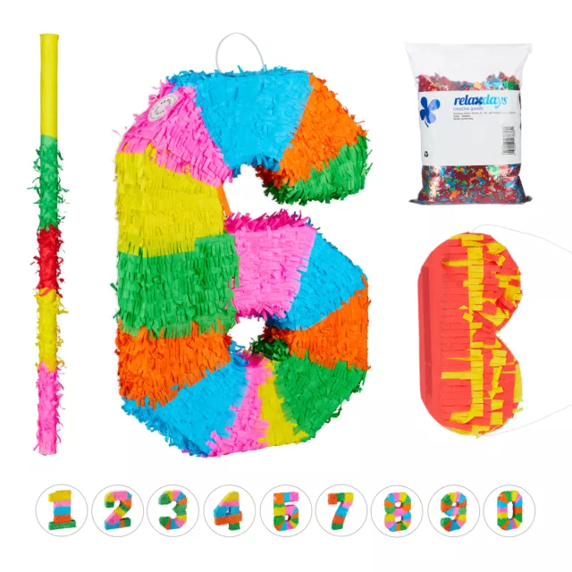 Set piñata cumpleaños número 6, palo, antifaz y confeti, Decoración cumpleaños