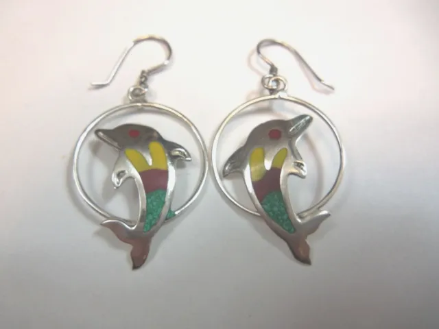 Sterling Silver 925 Mexico Dolphin Hook Dangle Earrings Red Green Yellow Inlay