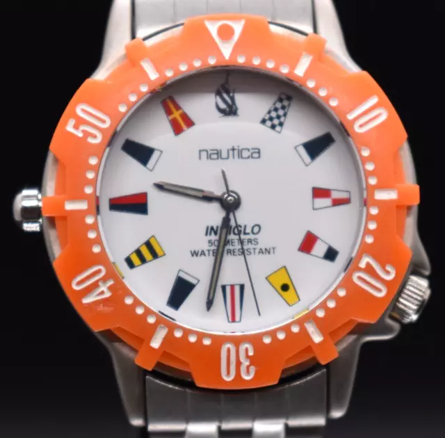 Vtg Nautica Indiglo Maritime Flags Woman's Diver Style Watch Orange NEW BATTERY