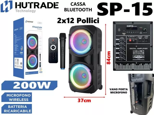 Cassa Amplificata Sp-15 200W Karaoke Bluetooth Microfono Wireless Trolley mar