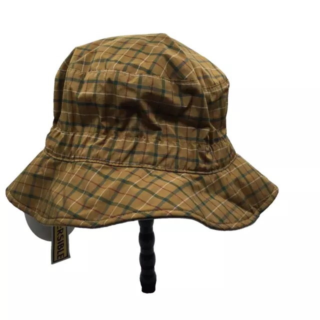 Totes Reversible Rain Bucket Hat Water Repellent Brown Plaid Cream Tan OSFM New