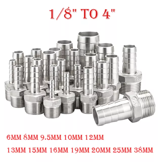 Stainless Male Thread Pipe Fitting x Barb Hose Tail Connector BSP 1/8" to 4"